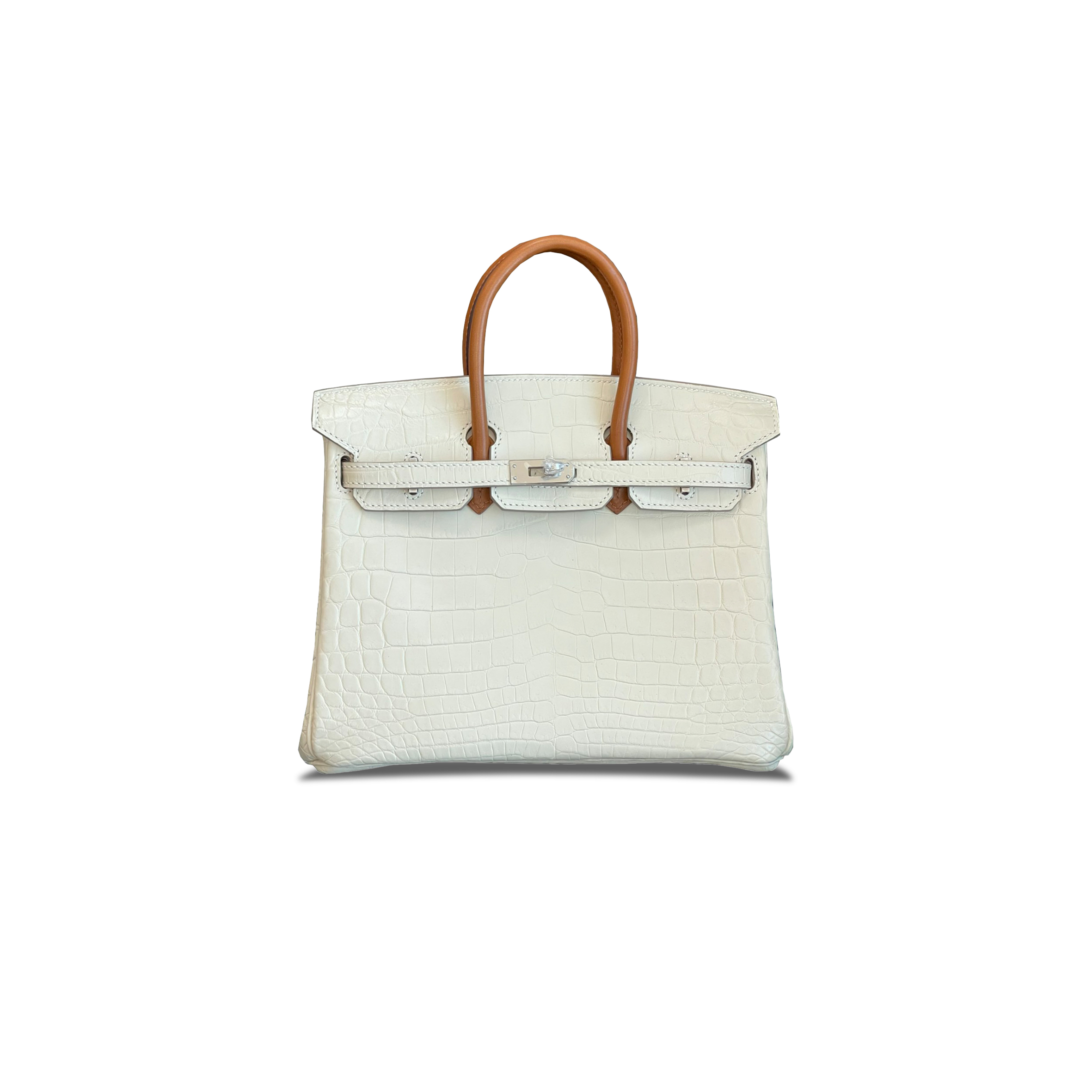 HERMÈS MASTER BIRKIN 25 CROCODILE LEATHER MILKSHAKE WHITE AND SADDLE LEATHER SILVER BUCKLE H041354CK46 (25*20*13cm)